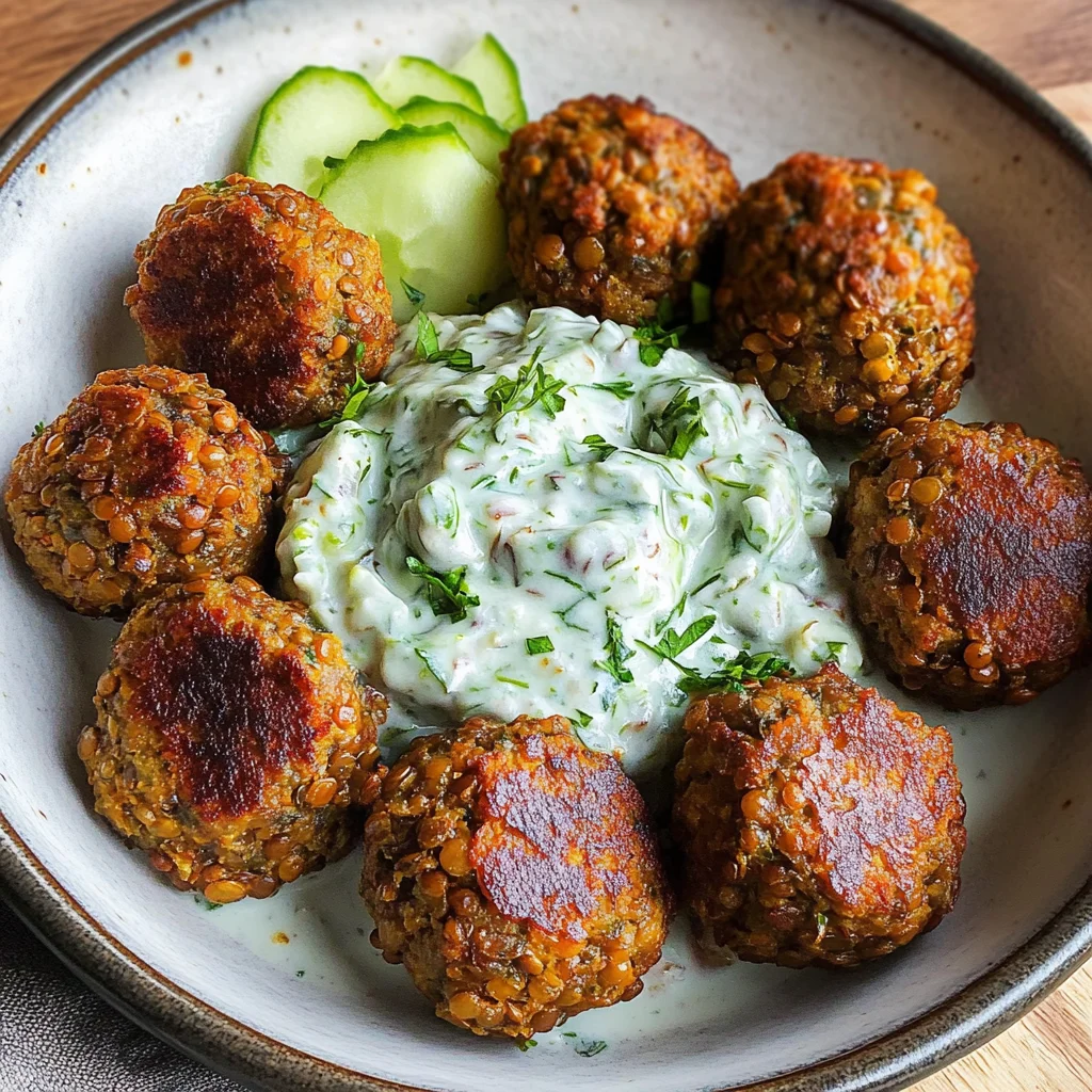 Baked Greek Lentil Meatballs with tzatziki