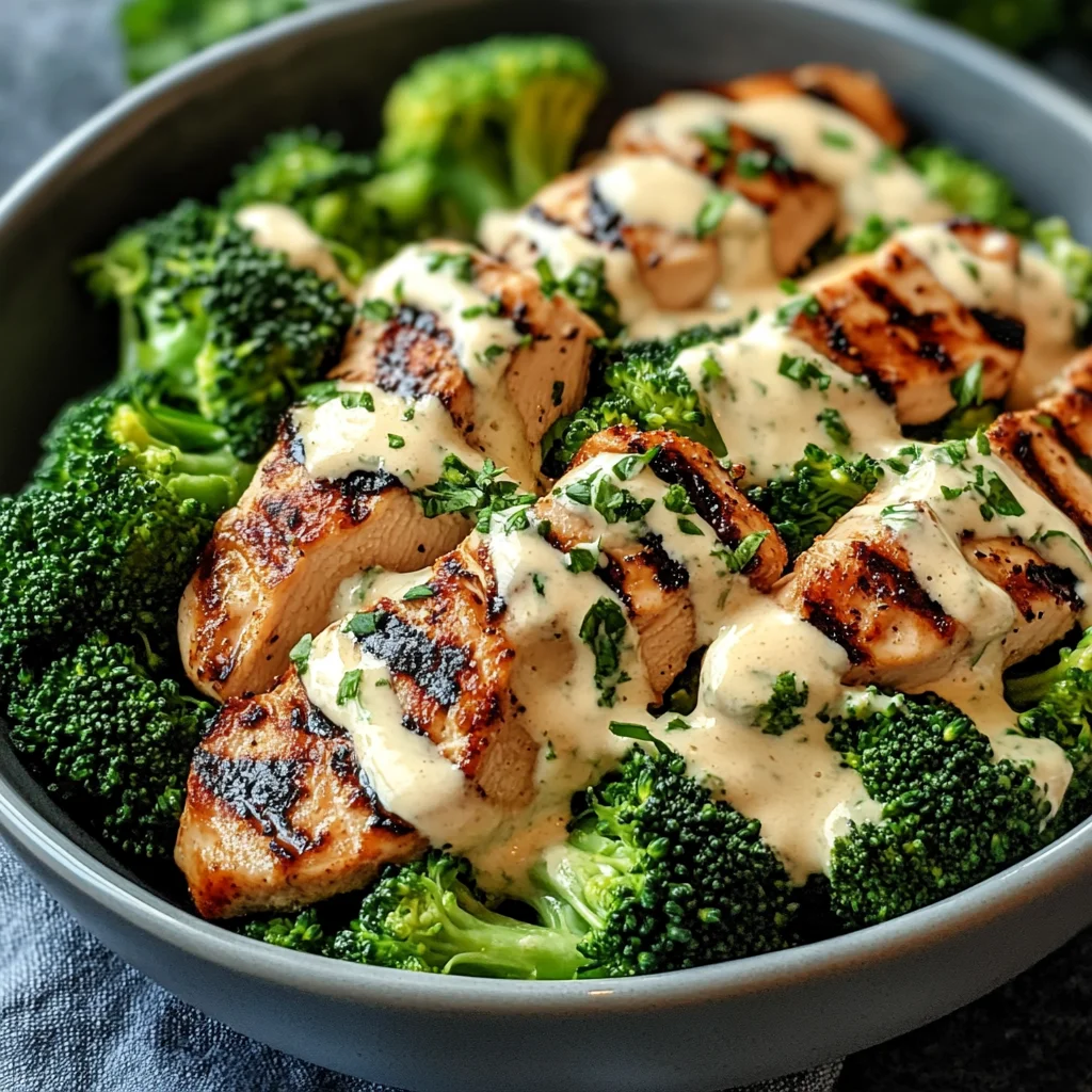 Grilled Chicken & Broccoli Bowls with Creamy Garlic Sauce